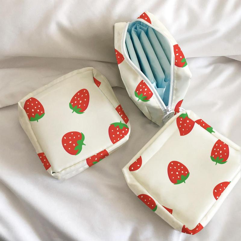 Strawberry Pattern Travel Storage Bag, 1 Count Multi Function Makeup Sanitary Napkin Pouch, Portable Waterproof Storage Bag for Girls Travel