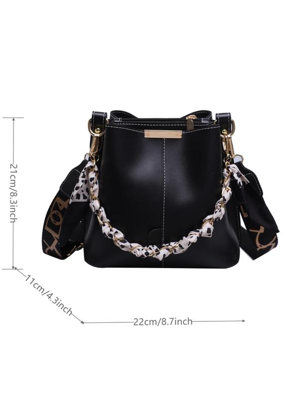 Fashion Chain Decorated Bucket Bag for Women, Solid Fall Crossbody Bag with Silk Scarf for Summer, Minimalist Wide Strap Lux Bag for Women's Work & Daily Use