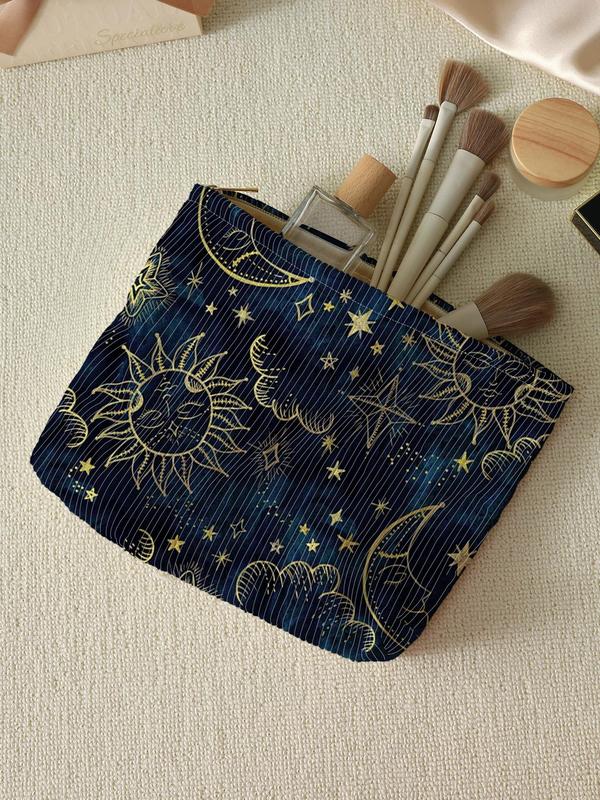 Star & Moon & Sun Pattern Cute Makeup Bags , Casual Lightweight Multi-functional Cosmetic Bag, Zipper Makeup Organizer Pouch Makeup Bag for School & Daily Use