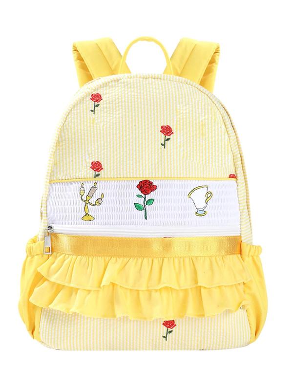 Cute Rose Embroidery Backpack, Striped Pattern Ruffle Trim Backpack, Casual Versatile Backpack for Women & Girls, Fashionable Large Capacity Backpack for Daily Use