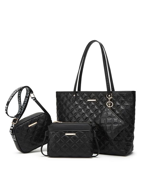 Women's Solid Color Quilted Tote Bag & Shoulder Bag & Wristlet & Coin Purse Set, Casual Versatile Bag Set for Work & Daily Used