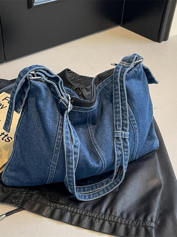 Women's Casual Plain Zipper Crossbody Bag, 2024 New Style Vintage Trendy Large Capacity Denim Shoulder Bag, Y2k Crossbody Bag for Women, Fashionable Bag for Working, Dating, Party, Shopping, Fall Outfits, Fall Freshness