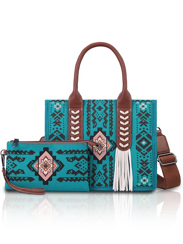 Women's Boho Style Ethnic Pattern Tassel Decor Tote Bag & Small Wallet, Vintage Large Capacity Handbag & Wallet, Casual Trendy Versatile High-quality Daily Commuting Bag Set