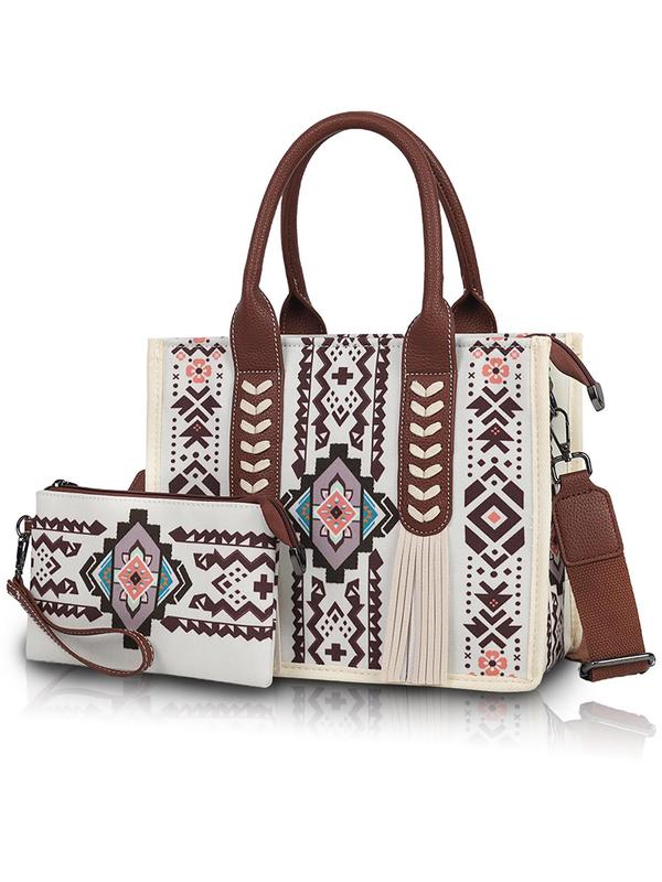 Women's Boho Style Ethnic Pattern Tassel Decor Tote Bag & Small Wallet, Vintage Large Capacity Handbag & Wallet, Casual Trendy Versatile High-quality Daily Commuting Bag Set