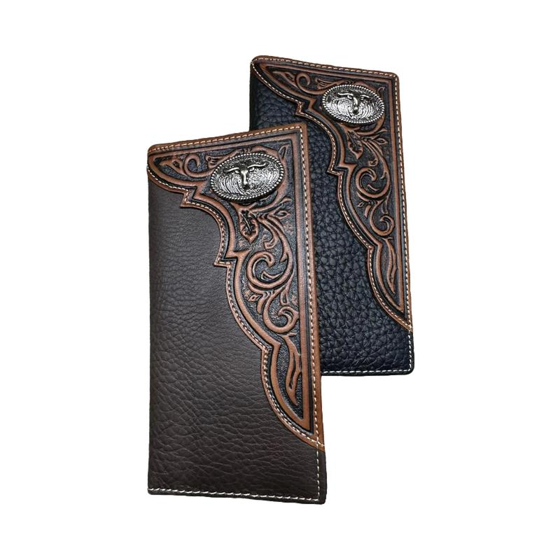 Western Stakes Leather Long Wallet Floral Embossed Tooled Bi Fold Soft Leather Longhorn Concho Checkbook Style Cowboy Hand Crafted High End Mens Wallets Leather Gifts For Men tiktok viral