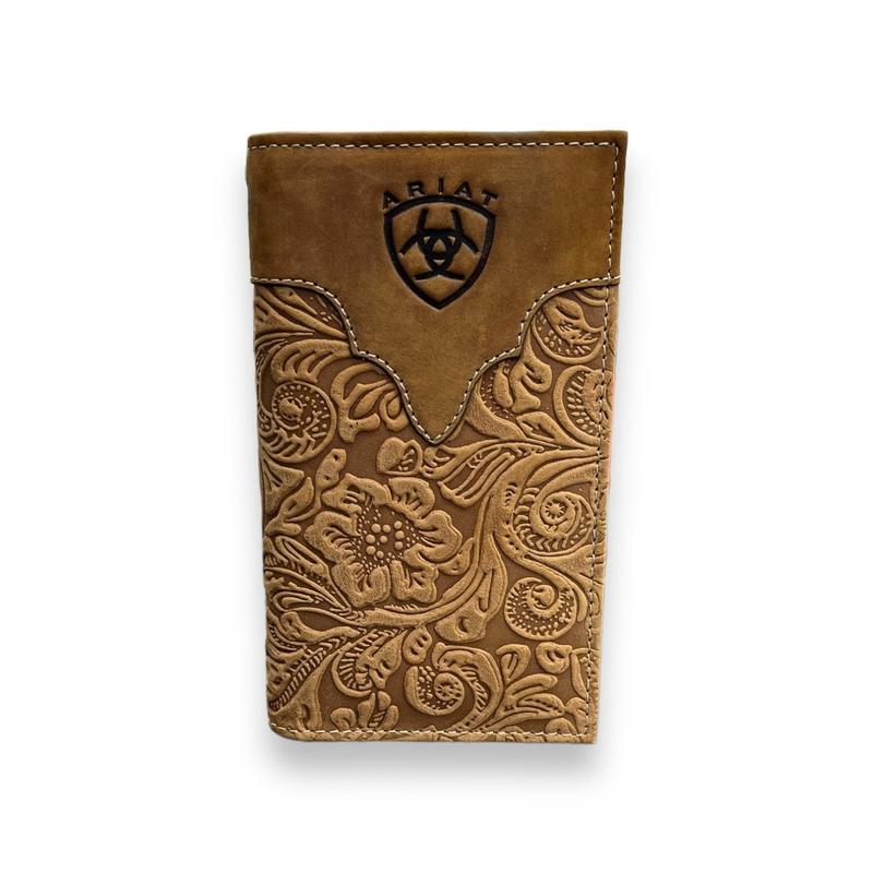 Men's Rodeo Wallet Checkbook Cover - Brown Floral Embossed Stitch Logo