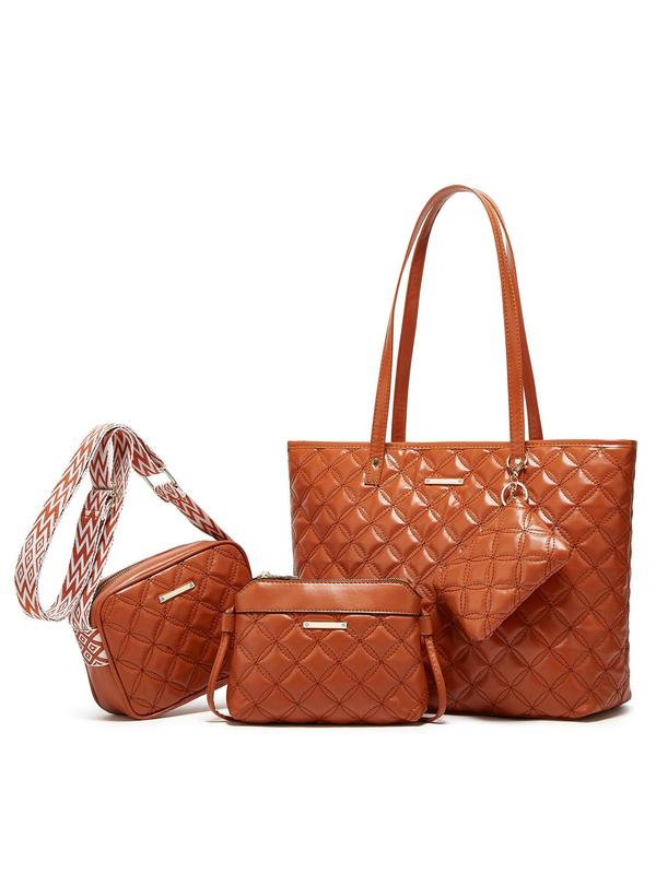 Women's Solid Color Quilted Tote Bag & Shoulder Bag & Wristlet & Coin Purse Set, Casual Versatile Bag Set for Work & Daily Used