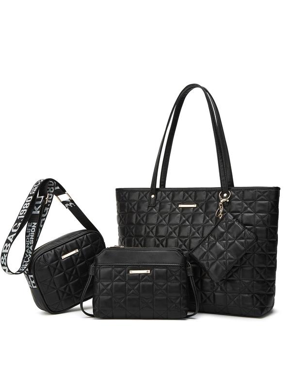 Women's Solid Color Quilted Tote Bag & Shoulder Bag & Wristlet & Coin Purse Set, Casual Versatile Bag Set for Work & Daily Used