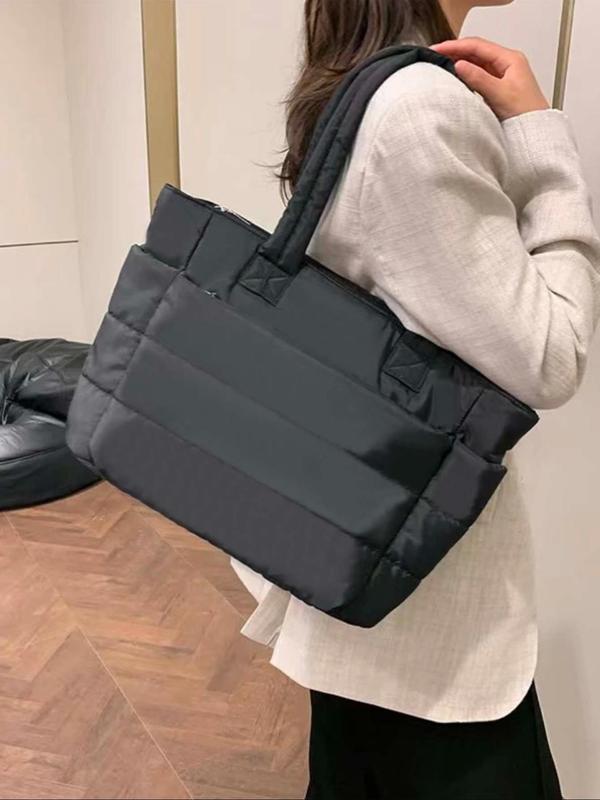 Women's Solid Color Nylon Tote Bag with Trolley Strap, Large Capacity Shoulder Bag for Daily Used, Casual Trendy Versatile High-quality Daily Commuting Bag, Girl Fashionable Shopping Bag