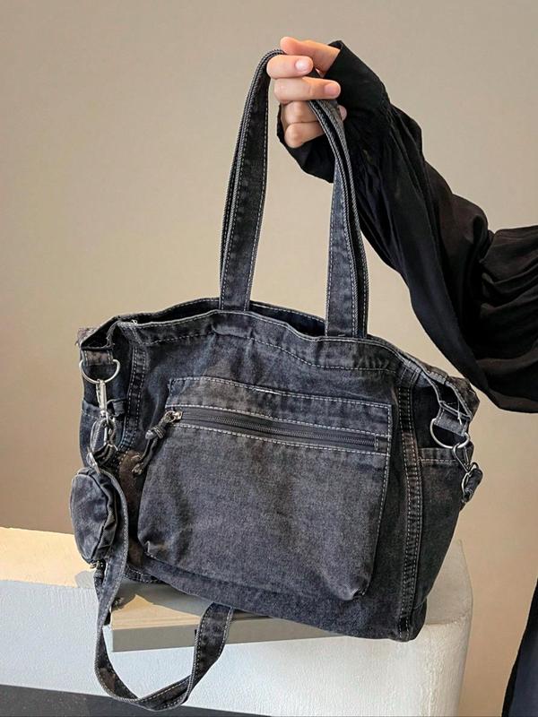 Women's Elegant Denim Crossbody Bag & Mini Bag Charm, Large Capacity Shoulder Bag & Clutch Bag, Casual Trendy Versatile High-quality Daily Commuting Bag Set