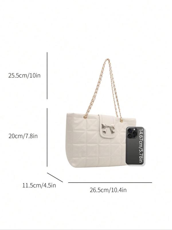 Women's Bowknot Decorated Quilted Design Crossbody Bag, Fashionable Solid Color Chain Strap Shoulder Bag, Large Capacity Fashion Versatile Shoulder Bag for Daily Used