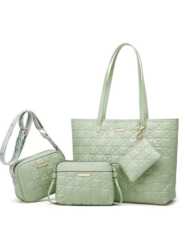 Women's Solid Color Quilted Tote Bag & Shoulder Bag & Wristlet & Coin Purse Set, Casual Versatile Bag Set for Work & Daily Used