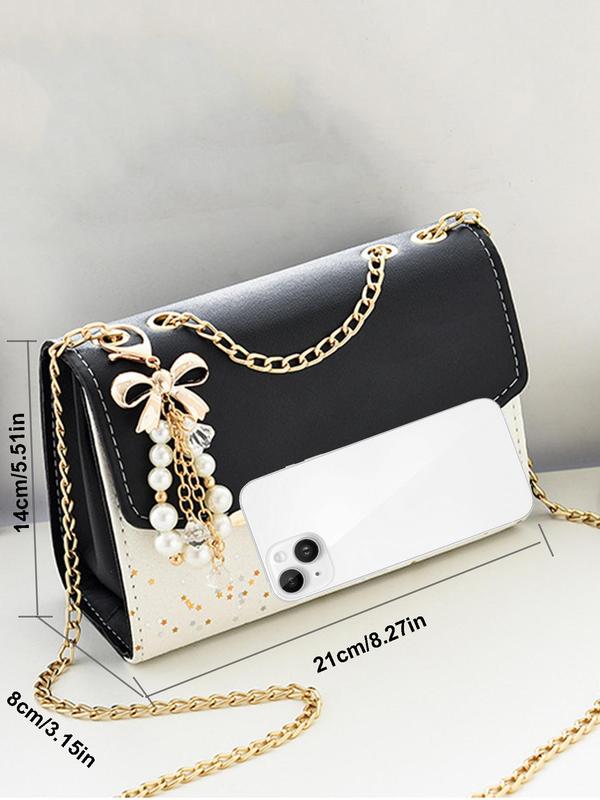 Women's Colorblock Glitter Star Pattern Crossbody Bag, Elegant Chain Strap Shoulder Bag for Women, Casual Trendy Commuting Bag, Girl Fashionable Bag with Faux Pearls Charm Fall