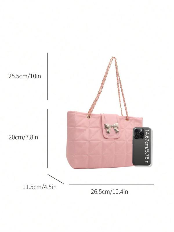 Women's Bowknot Decorated Quilted Design Crossbody Bag, Fashionable Solid Color Chain Strap Shoulder Bag, Large Capacity Fashion Versatile Shoulder Bag for Daily Used