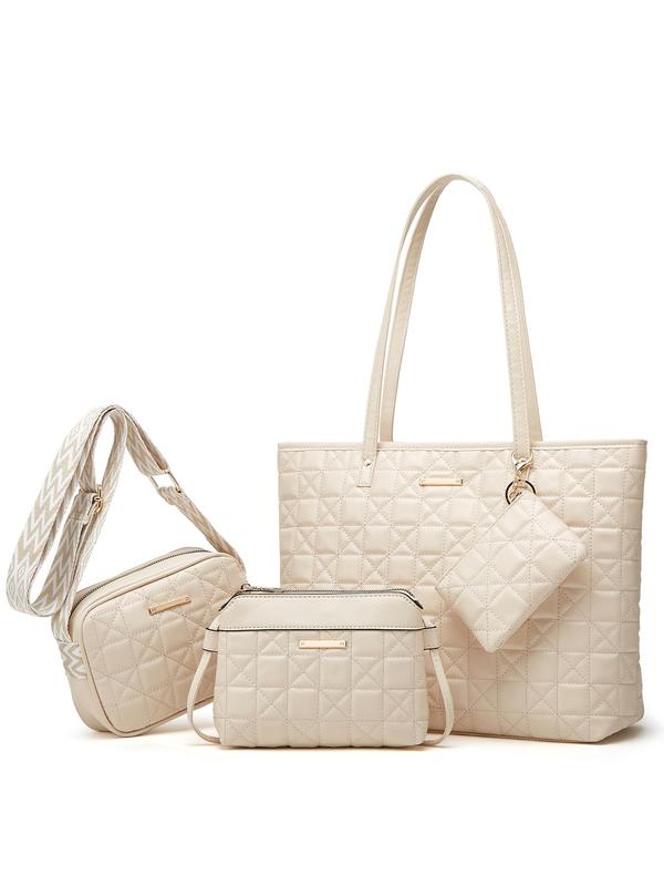 Women's Solid Color Quilted Tote Bag & Shoulder Bag & Wristlet & Coin Purse Set, Casual Versatile Bag Set for Work & Daily Used