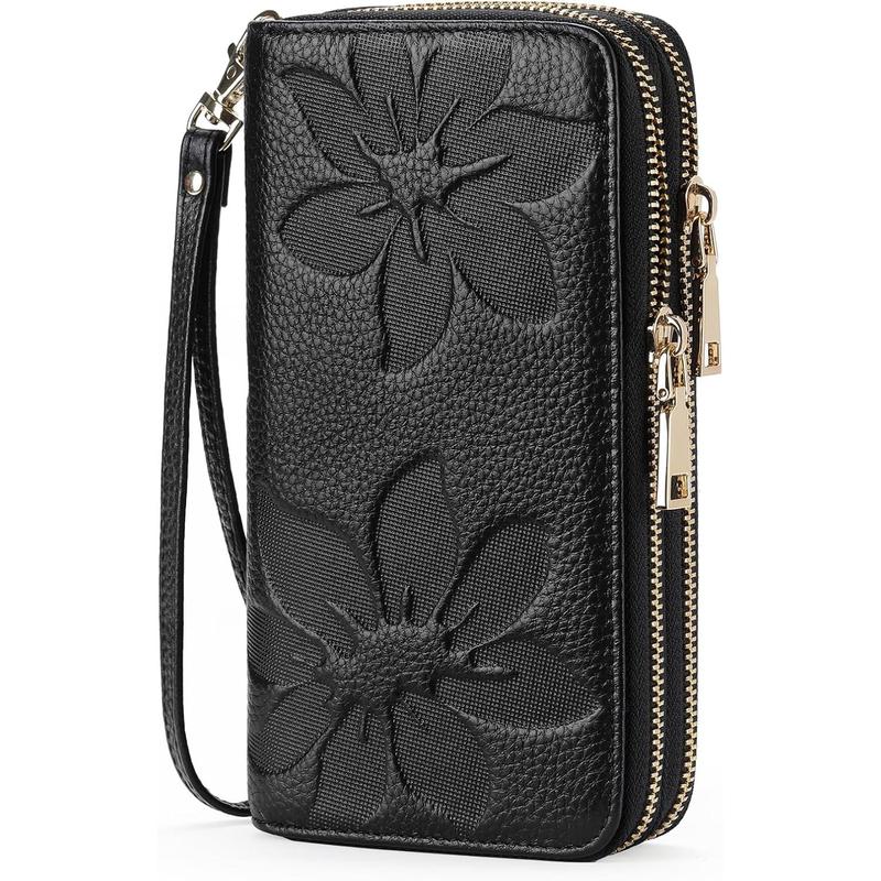 Women's Wallet Large Capacity Double Zip Around Credit Card Holder Leather Ladies Wallet with RFID Blocking Phone Wristlet Purse Black