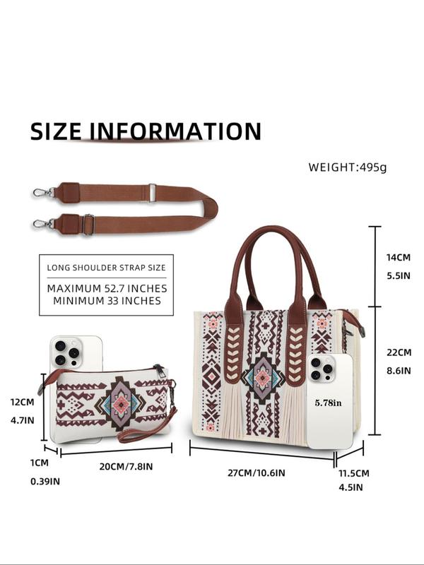 Women's Boho Style Ethnic Pattern Tassel Decor Tote Bag & Small Wallet, Vintage Large Capacity Handbag & Wallet, Casual Trendy Versatile High-quality Daily Commuting Bag Set