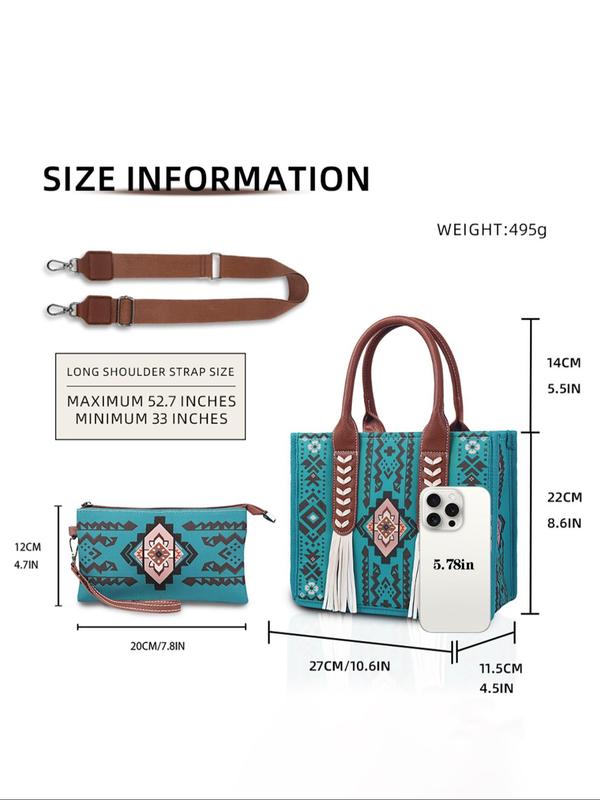 Women's Boho Style Ethnic Pattern Tassel Decor Tote Bag & Small Wallet, Vintage Large Capacity Handbag & Wallet, Casual Trendy Versatile High-quality Daily Commuting Bag Set