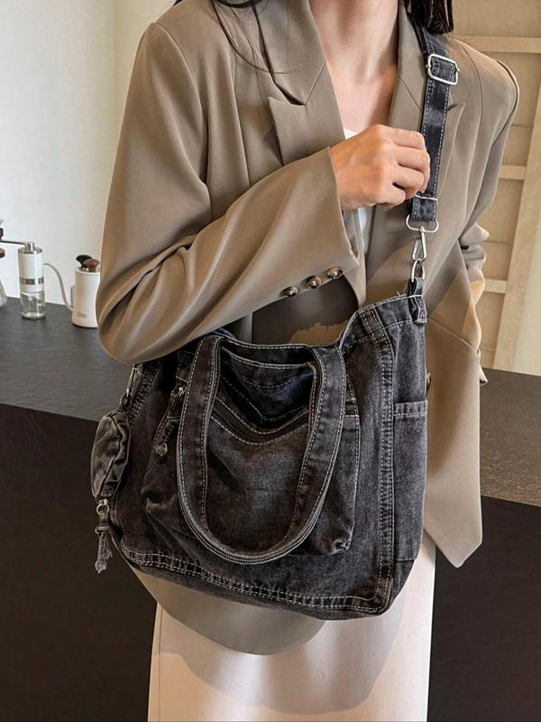 Women's Elegant Denim Crossbody Bag & Mini Bag Charm, Large Capacity Shoulder Bag & Clutch Bag, Casual Trendy Versatile High-quality Daily Commuting Bag Set