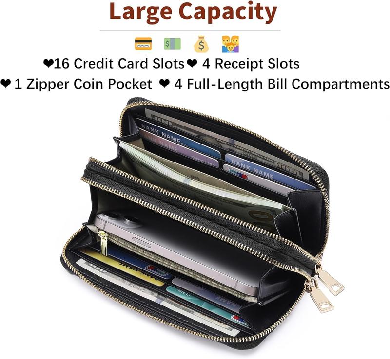 Women's Wallet Large Capacity Double Zip Around Credit Card Holder Leather Ladies Wallet with RFID Blocking Phone Wristlet Purse Black