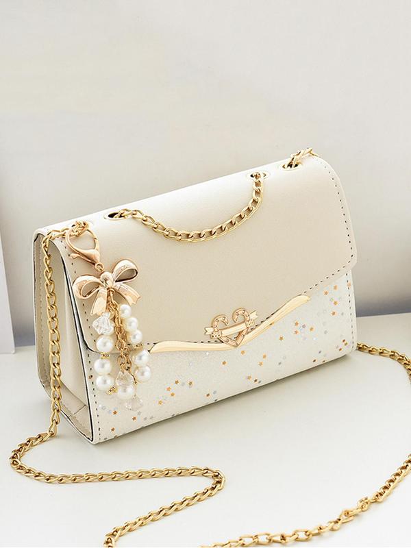 Women's Colorblock Glitter Star Pattern Crossbody Bag, Elegant Chain Strap Shoulder Bag for Women, Casual Trendy Commuting Bag, Girl Fashionable Bag with Faux Pearls Charm Fall