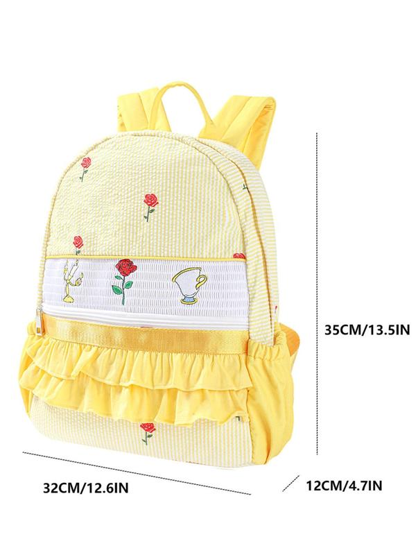 Cute Rose Embroidery Backpack, Striped Pattern Ruffle Trim Backpack, Casual Versatile Backpack for Women & Girls, Fashionable Large Capacity Backpack for Daily Use