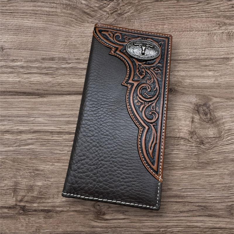 Western Stakes Leather Long Wallet Floral Embossed Tooled Bi Fold Soft Leather Longhorn Concho Checkbook Style Cowboy Hand Crafted High End Mens Wallets Leather Gifts For Men tiktok viral