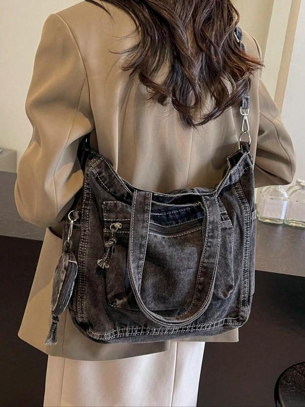 Women's Elegant Denim Crossbody Bag & Mini Bag Charm, Large Capacity Shoulder Bag & Clutch Bag, Casual Trendy Versatile High-quality Daily Commuting Bag Set