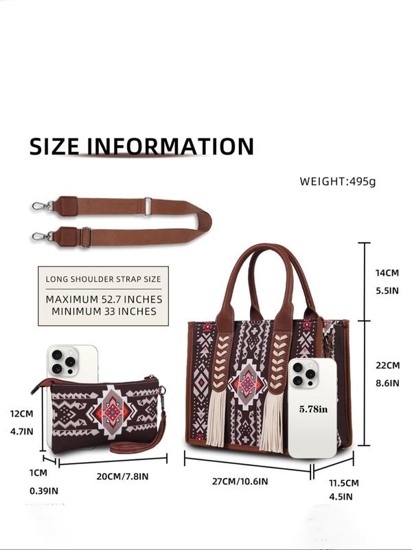 Women's Boho Style Ethnic Pattern Tassel Decor Tote Bag & Small Wallet, Vintage Large Capacity Handbag & Wallet, Casual Trendy Versatile High-quality Daily Commuting Bag Set