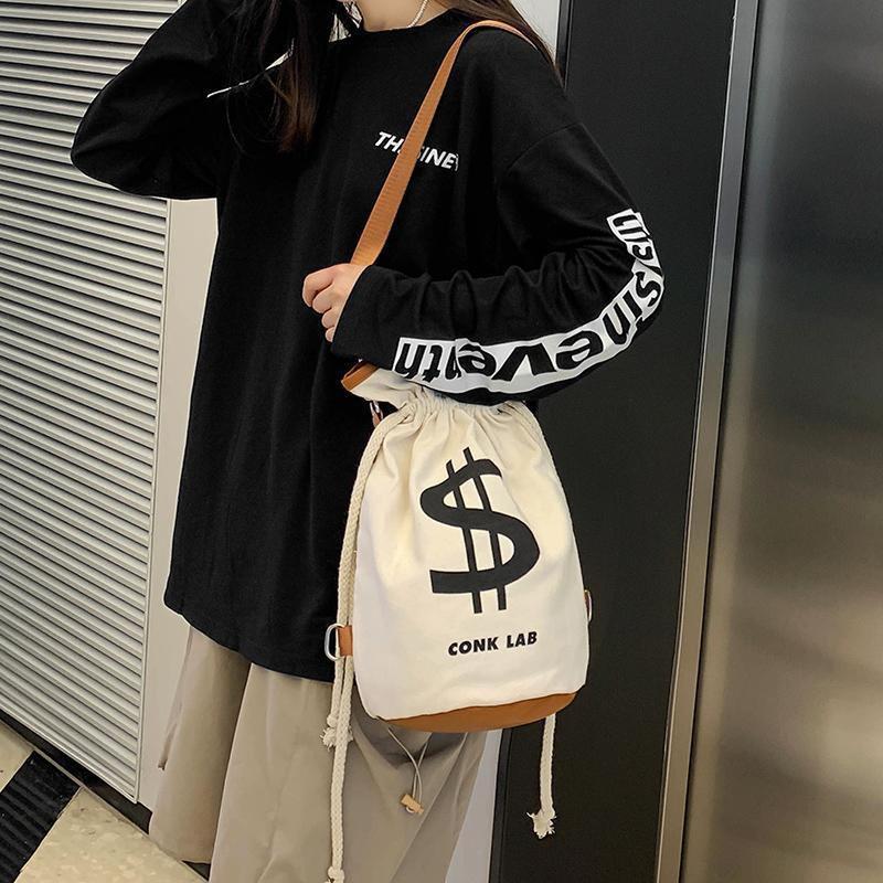 US Dollar Print Cotton Canvas Drawstring Crossbody Backpack Funny Leisure Lightweight Foldable String Bag for Men Women