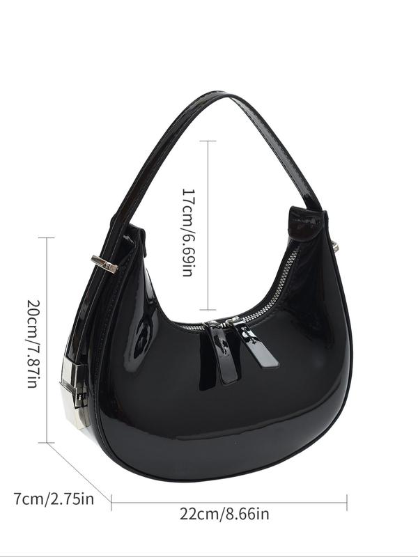 Women's Simple Solid Color Plain PU Leather Zipper Shoulder Bag, Fashionable Underarm Bag, Moon Shaped Elegant Underarm Bag