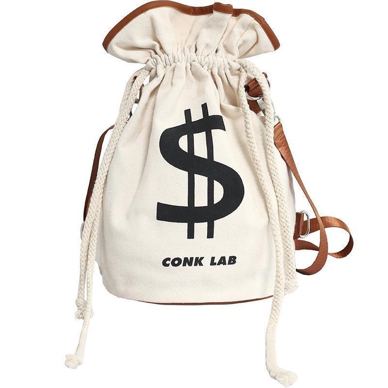 US Dollar Print Cotton Canvas Drawstring Crossbody Backpack Funny Leisure Lightweight Foldable String Bag for Men Women