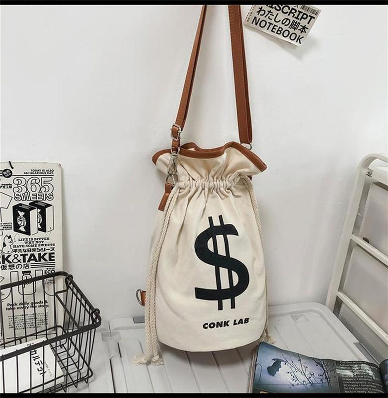 US Dollar Print Cotton Canvas Drawstring Crossbody Backpack Funny Leisure Lightweight Foldable String Bag for Men Women