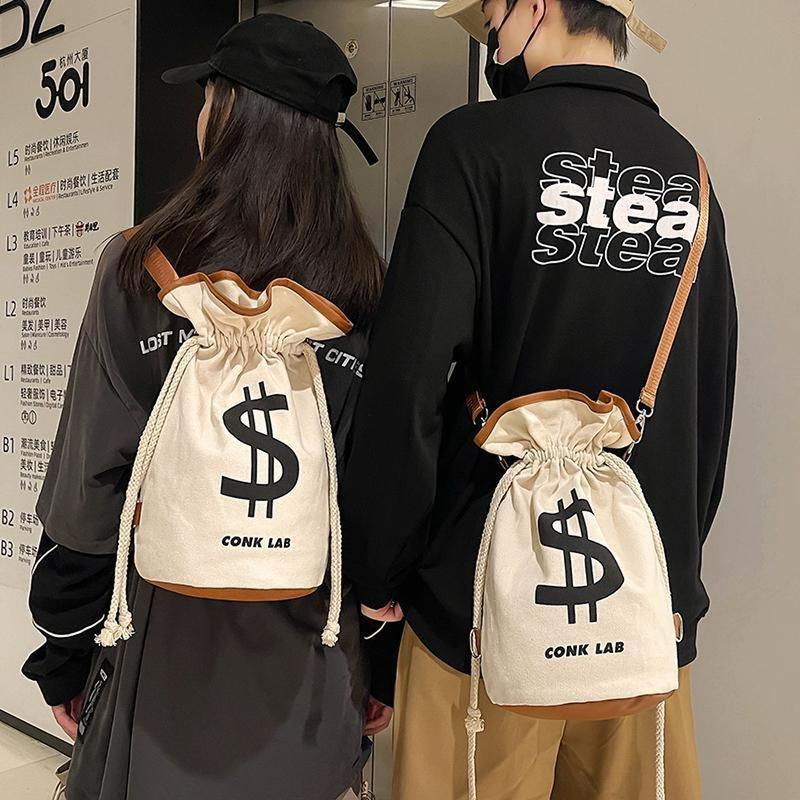 US Dollar Print Cotton Canvas Drawstring Crossbody Backpack Funny Leisure Lightweight Foldable String Bag for Men Women