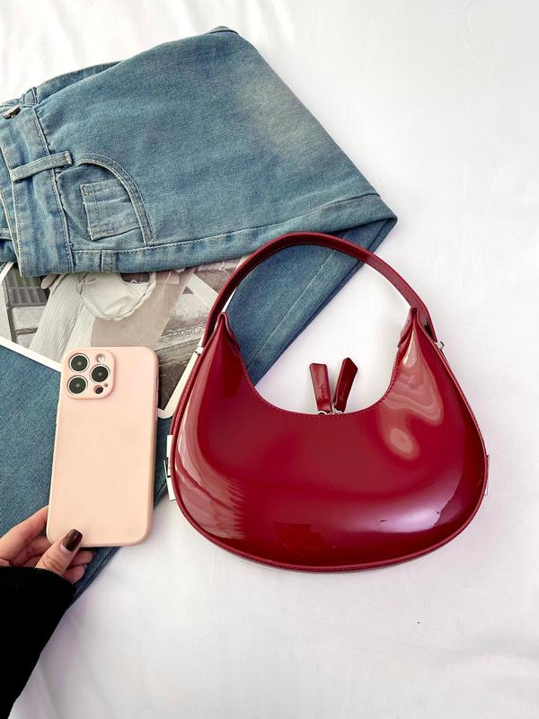 Women's Simple Solid Color Plain PU Leather Zipper Shoulder Bag, Fashionable Underarm Bag, Moon Shaped Elegant Underarm Bag