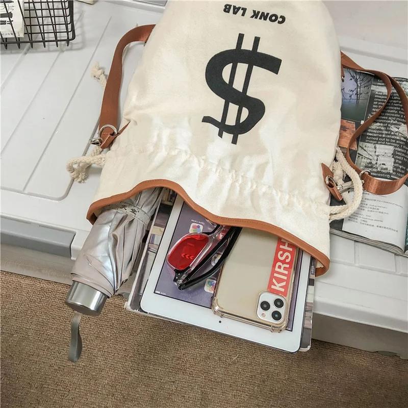 US Dollar Print Cotton Canvas Drawstring Crossbody Backpack Funny Leisure Lightweight Foldable String Bag for Men Women