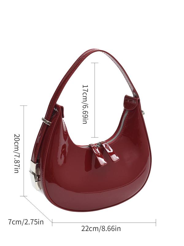 Women's Simple Solid Color Plain PU Leather Zipper Shoulder Bag, Fashionable Underarm Bag, Moon Shaped Elegant Underarm Bag