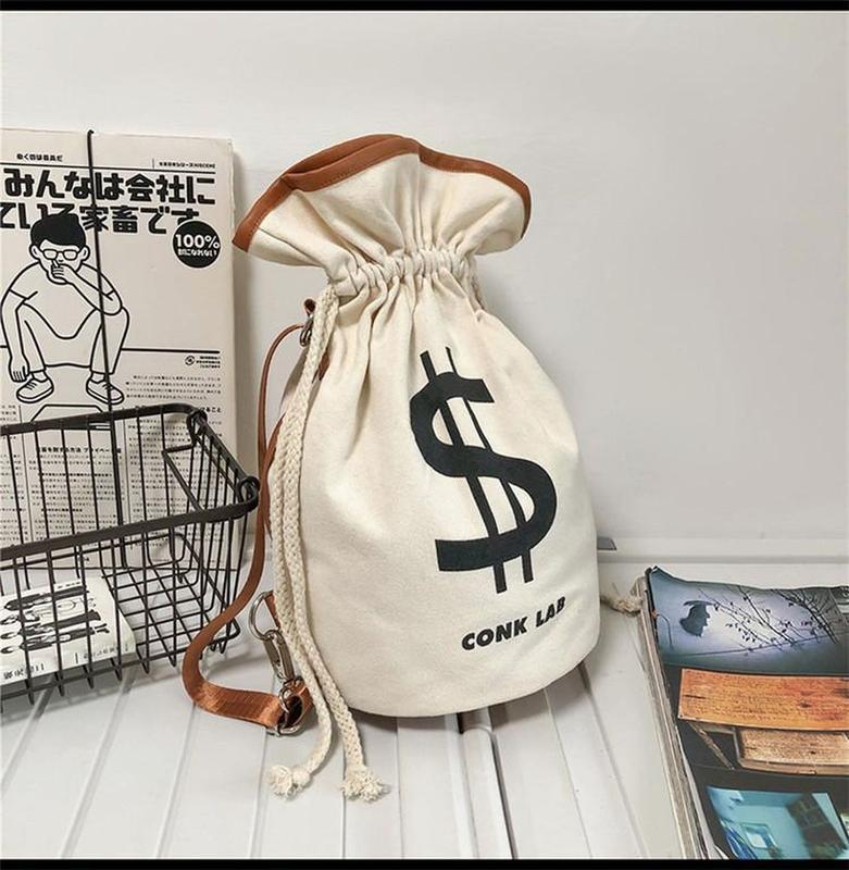 US Dollar Print Cotton Canvas Drawstring Crossbody Backpack Funny Leisure Lightweight Foldable String Bag for Men Women