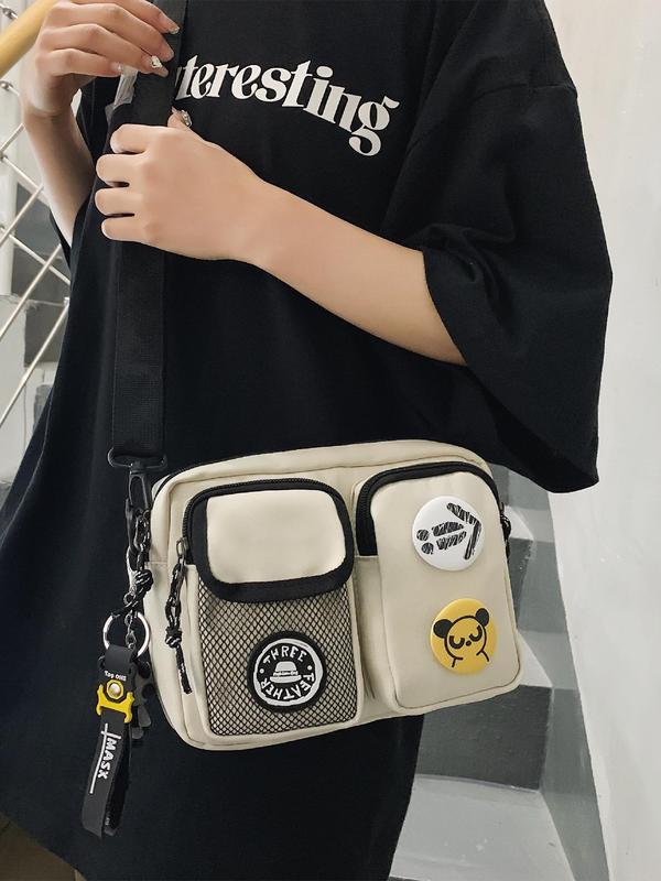 Letters Patched Design Crossbody Bag with Cartoon Pattern Badge, Casual Versatile Shoulder Bag for Women & Men, Trendy All-match Commuter Bag for Daily Used