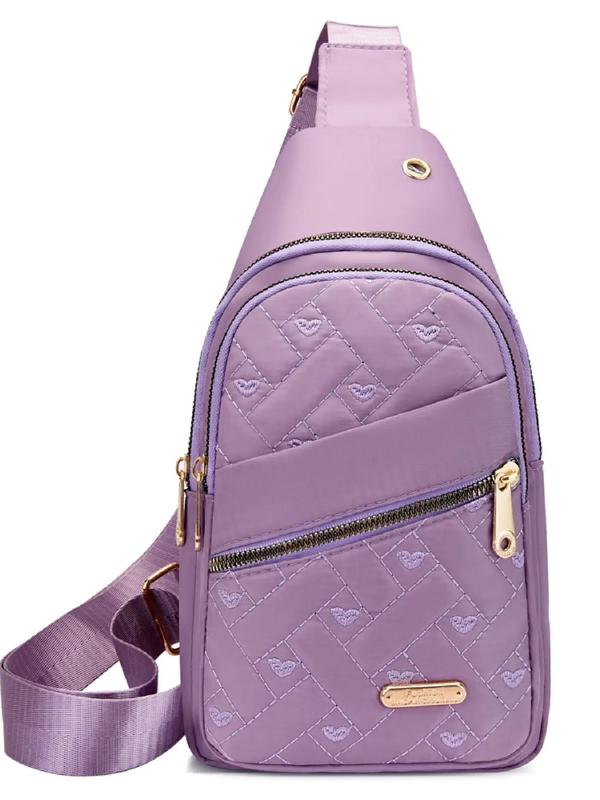 Women's Fashion Heart Embroidered Sling Bag, Casual Solid Color Quilted Design Zipper Chest Bag for Daily Use, Trendy All-match Sling Bag for Women & Girls