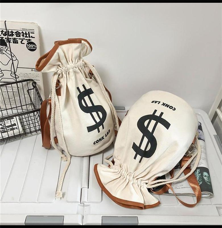 US Dollar Print Cotton Canvas Drawstring Crossbody Backpack Funny Leisure Lightweight Foldable String Bag for Men Women