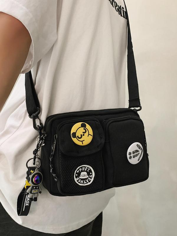 Letters Patched Design Crossbody Bag with Cartoon Pattern Badge, Casual Versatile Shoulder Bag for Women & Men, Trendy All-match Commuter Bag for Daily Used