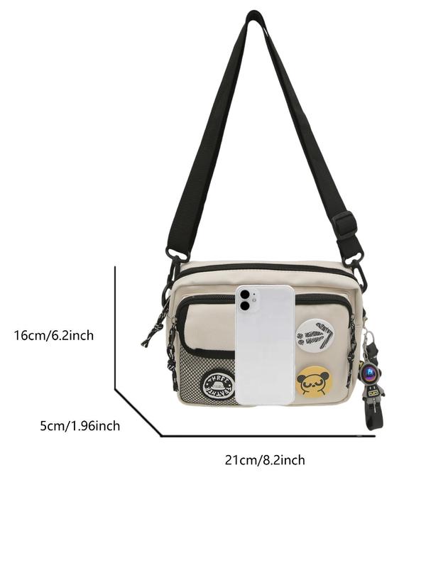 Letters Patched Design Crossbody Bag with Cartoon Pattern Badge, Casual Versatile Shoulder Bag for Women & Men, Trendy All-match Commuter Bag for Daily Used